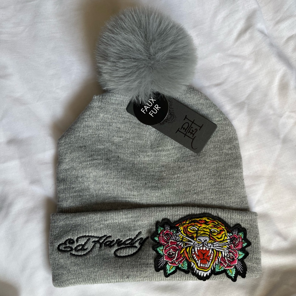 Ed Hardy Gray Knit Beanie Faux Fur Pom Pom Tiger Rose Embroidered Patch